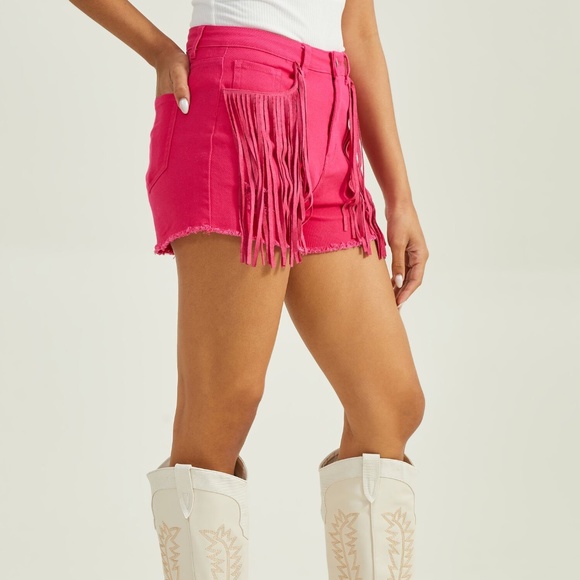 NWT Altar'd State Hot Pink Fringe Denim High Waisted Shorts Barbie Movie - Picture 4 of 10